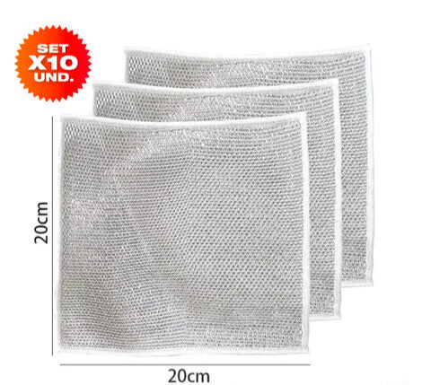 SET x 10 PAÑOS MÁGICOS ANTIGRASA CON FIBRA DE ACERO INOXIDABLE PARA COCINA