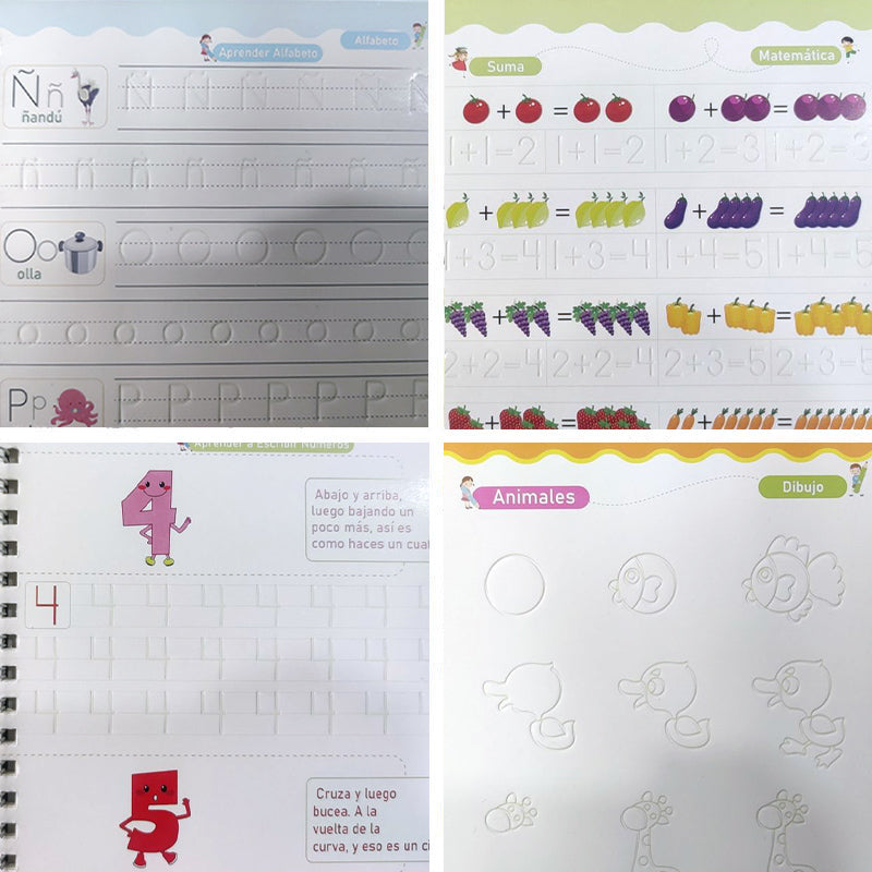 SET DE 4 LIBROS DE CALIGRAFÍA CON TINTA MÁGICA REUTILIZABLE