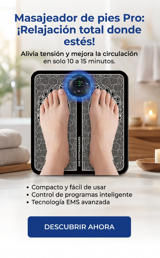 Masajeador de pies Pro: alivia tensión y mejora la circulación. Compacto, fácil de usar y con control de programas. ¡Relajación total donde estés!
