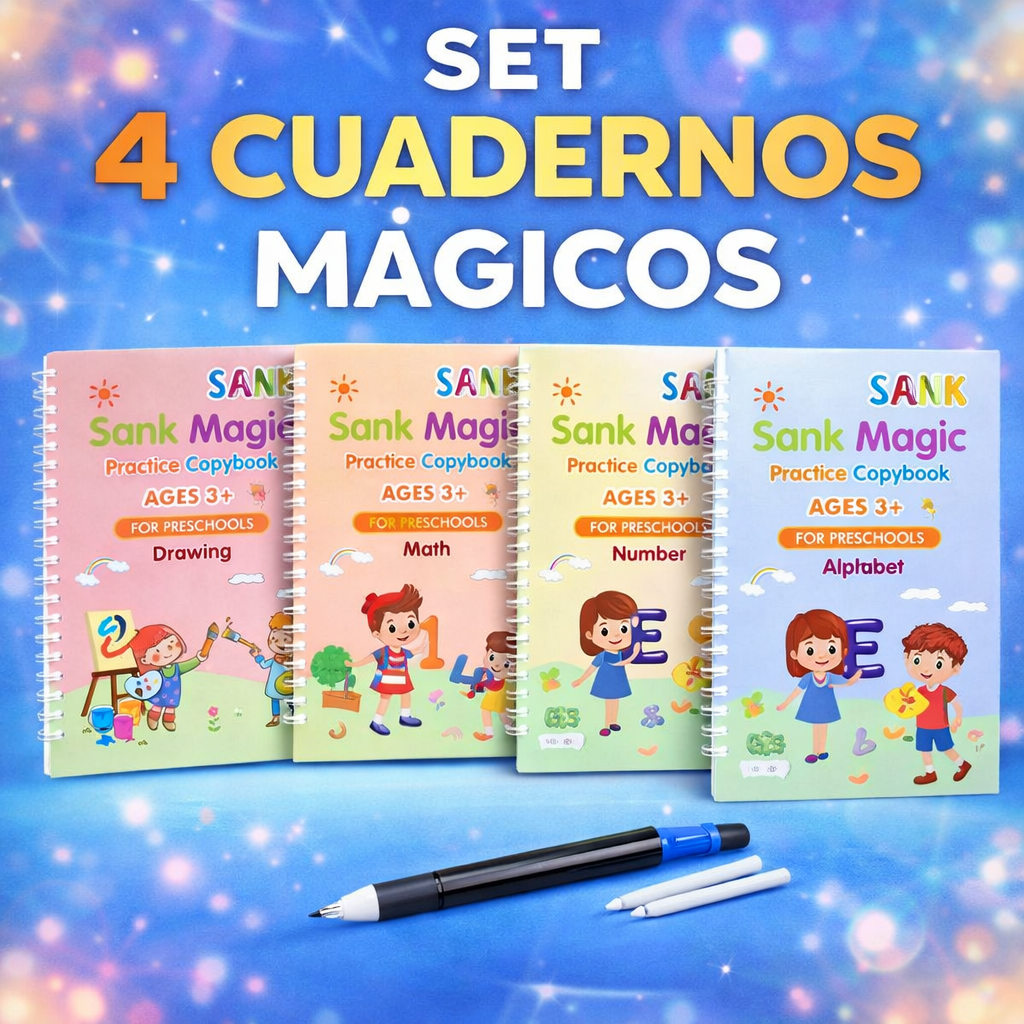 SET DE 4 LIBROS DE CALIGRAFÍA CON TINTA MÁGICA REUTILIZABLE